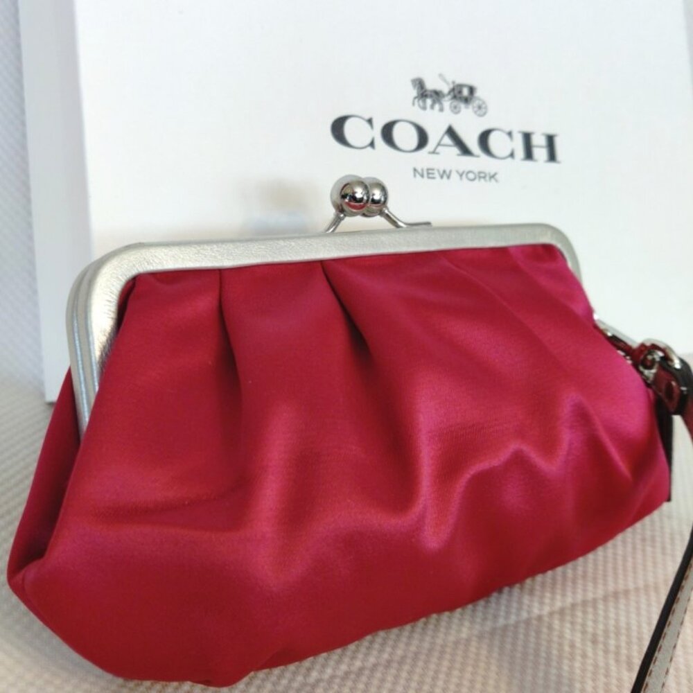 Coach Satin Metallic Silver Leather Frame Kisslock Clutch Wristlet - Magenta EUC - Picture 6 of 9